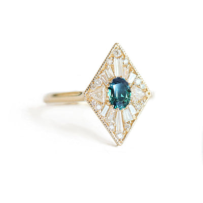 Mini Kite Shape Teal Oval Sapphire Diamond Mosaic Ring