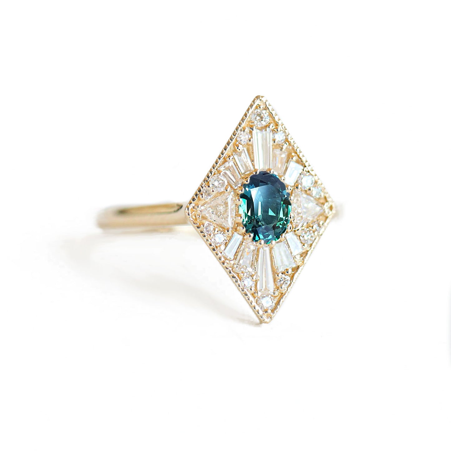 Mini Kite Shape Teal Oval Sapphire Diamond Mosaic Ring