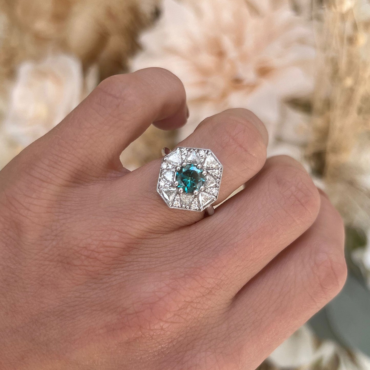 Blue Diamond Octagon Shape Trillion & Diamond Mosaic Ring