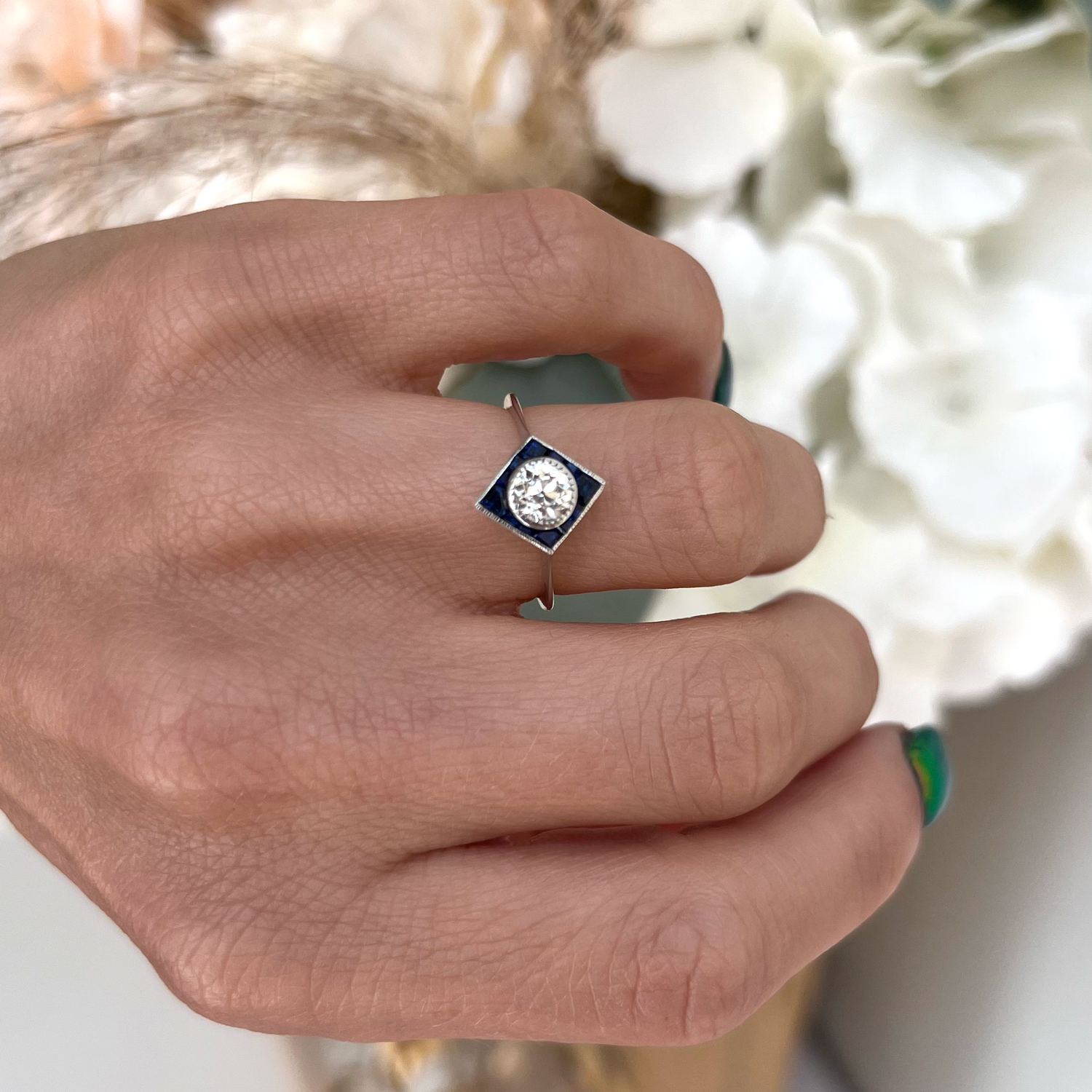 Art Deco Calibre Cut Sapphire & Old European Cut Diamond Ring