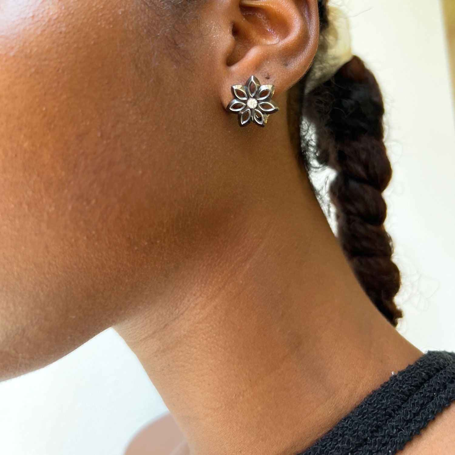Black Rhodium Diamond Flower Earrings