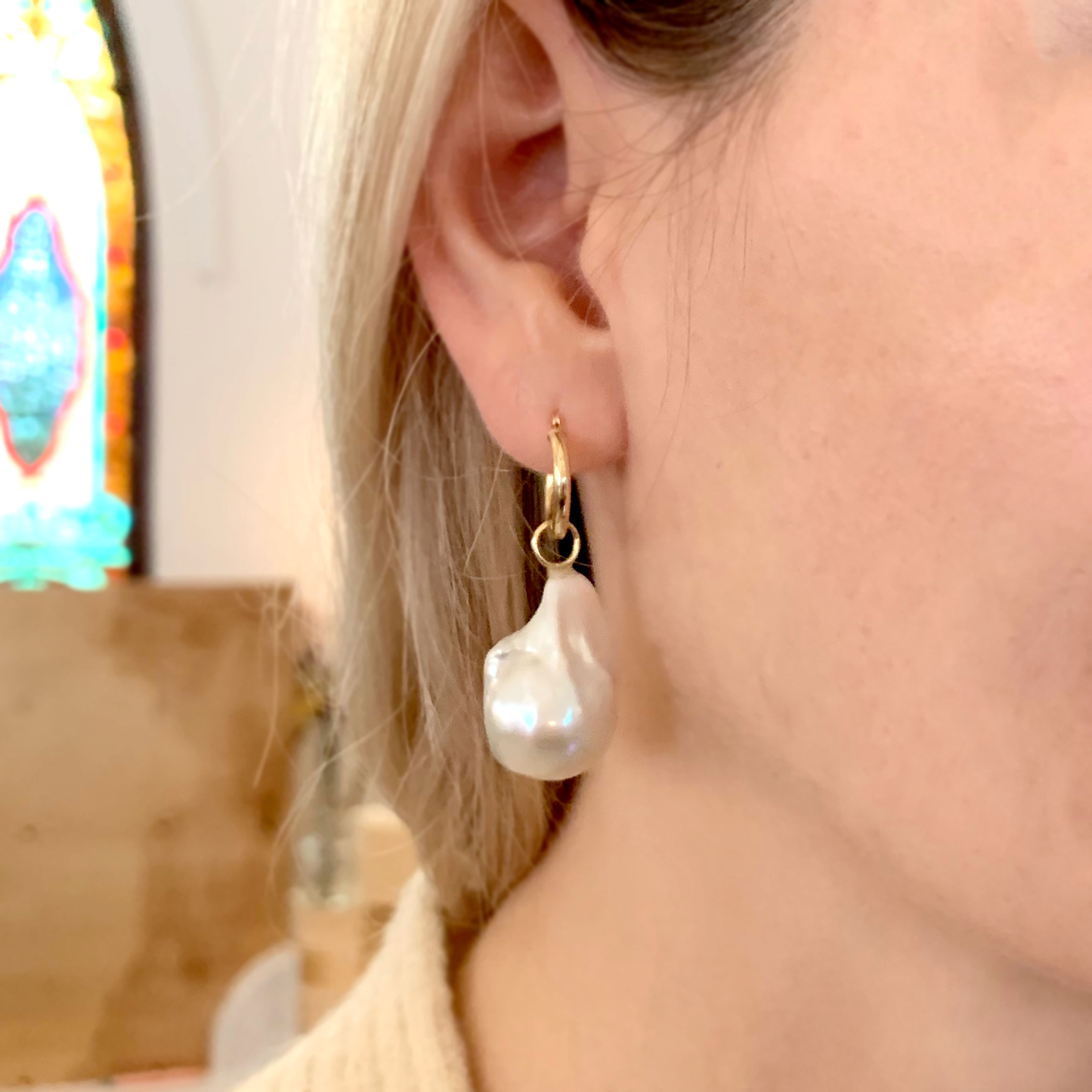 Large Baroque Pearl & Gold Hoop Earrings
