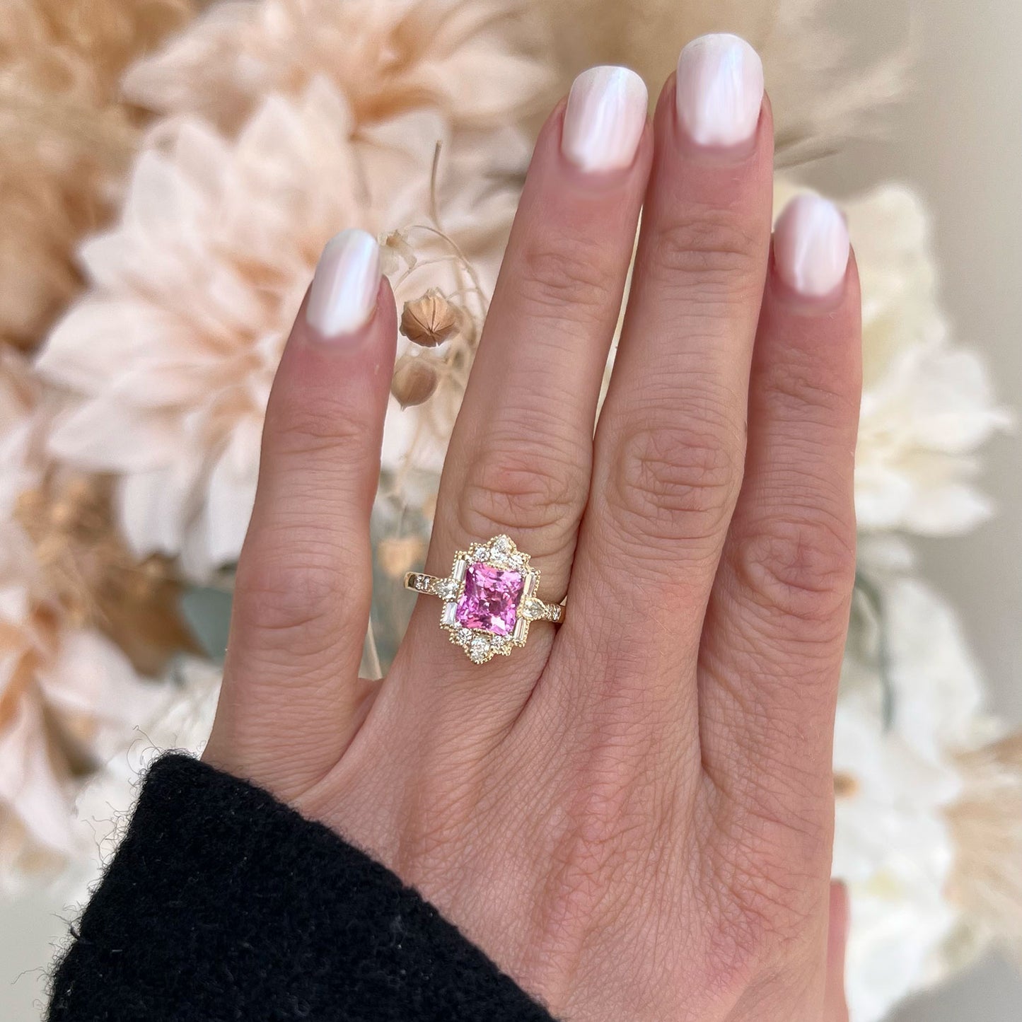 Radiant Pink Sapphire Deco Pear & Emerald Ring