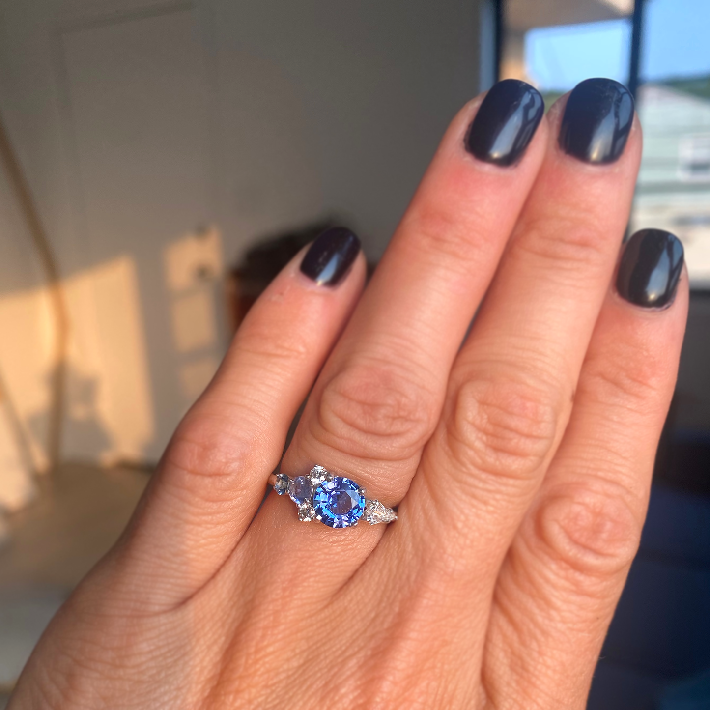 Round Blue Sapphire & Diamond Cluster Mosaic Engagement Ring