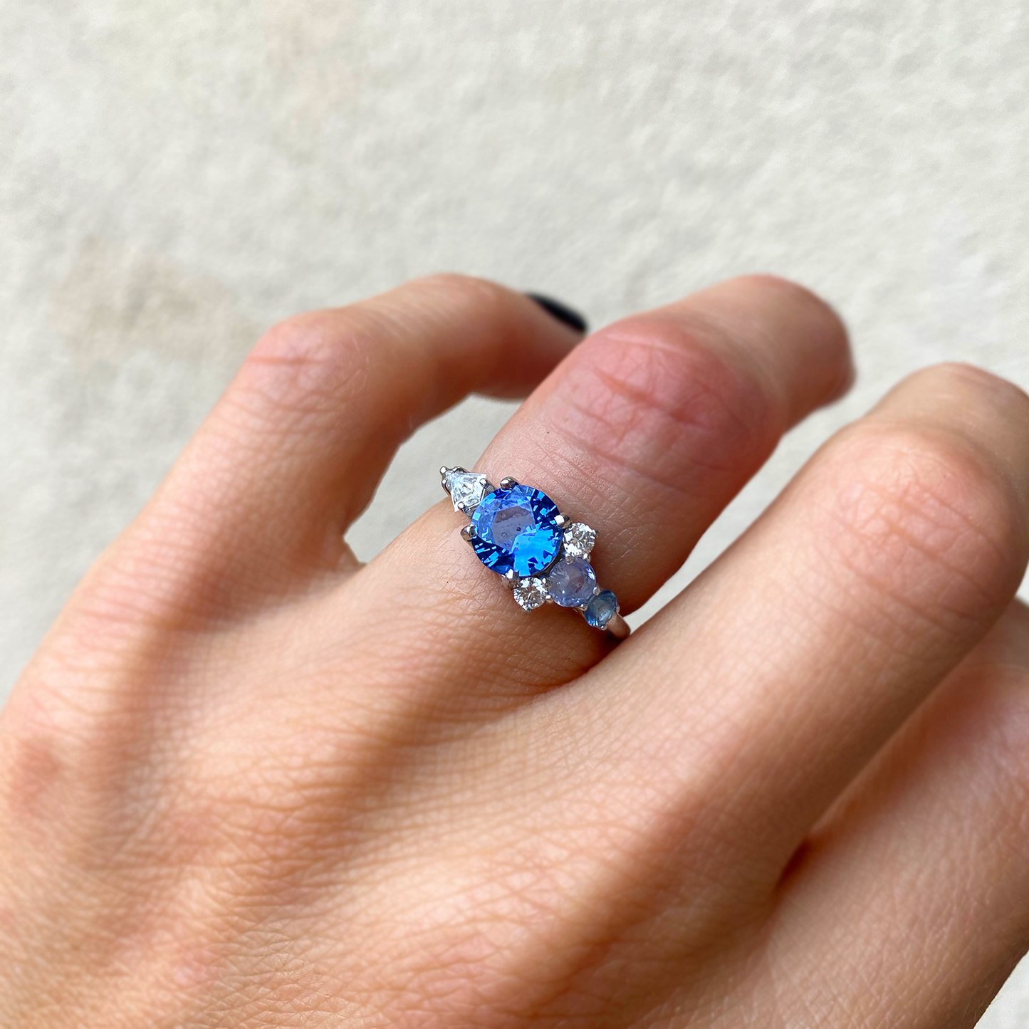 Round Blue Sapphire & Diamond Cluster Mosaic Engagement Ring