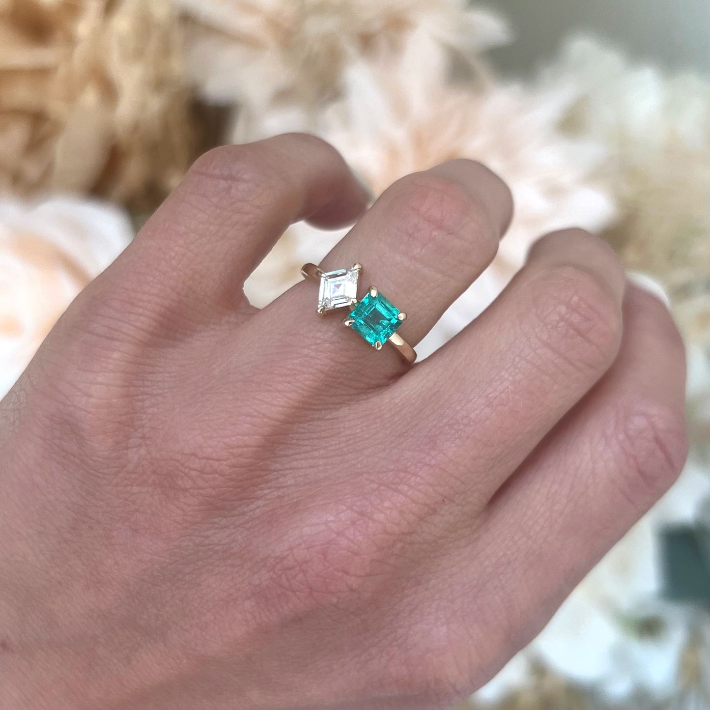 Emerald & Lozenge Diamond Toi et Moi Ring