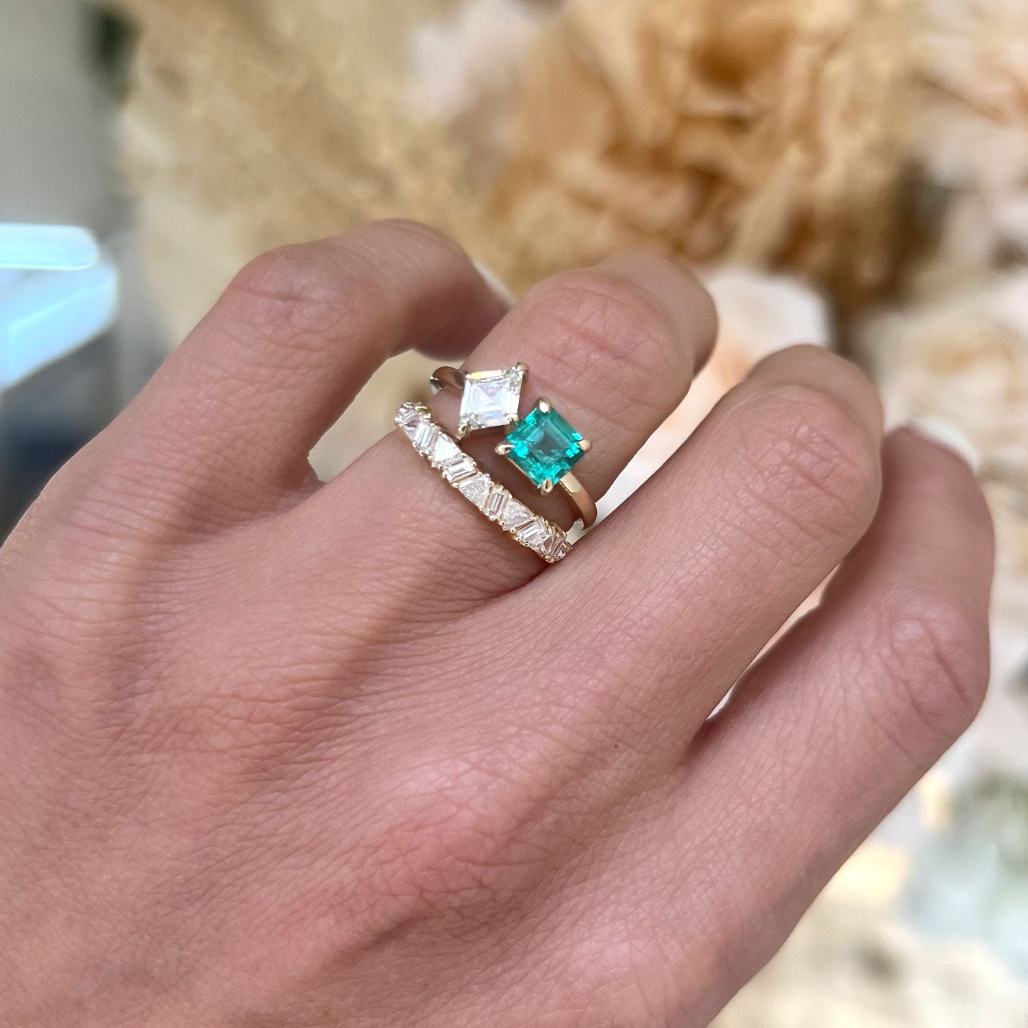 Emerald & Lozenge Diamond Toi et Moi Ring