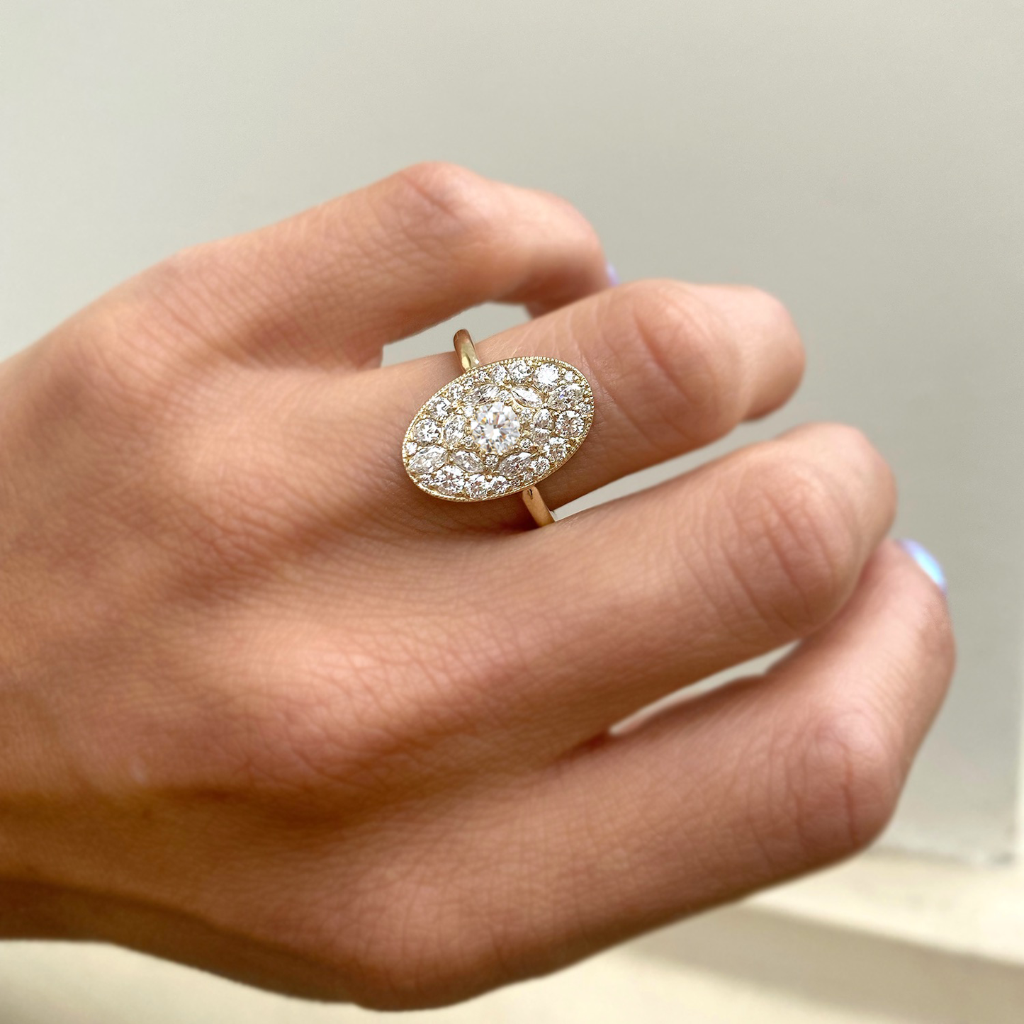 Oval Shape Marquise and Round Brilliant Cut Diamond Mosaic Ring