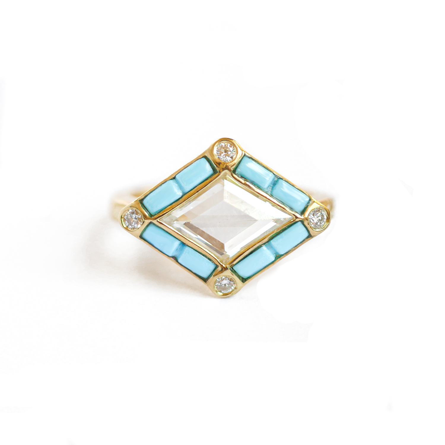 Rose Cut Kite Shaped Diamond Ring with Turquoise Halo