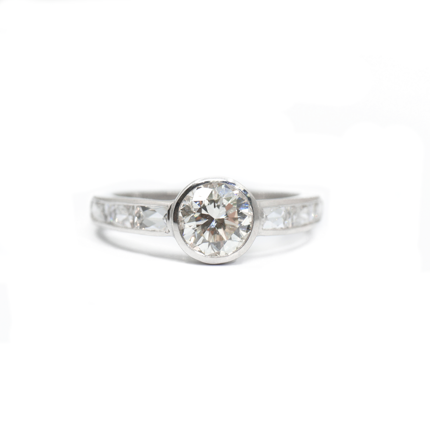 Bezel Set Diamond Ring with French Cut Diamond Accents