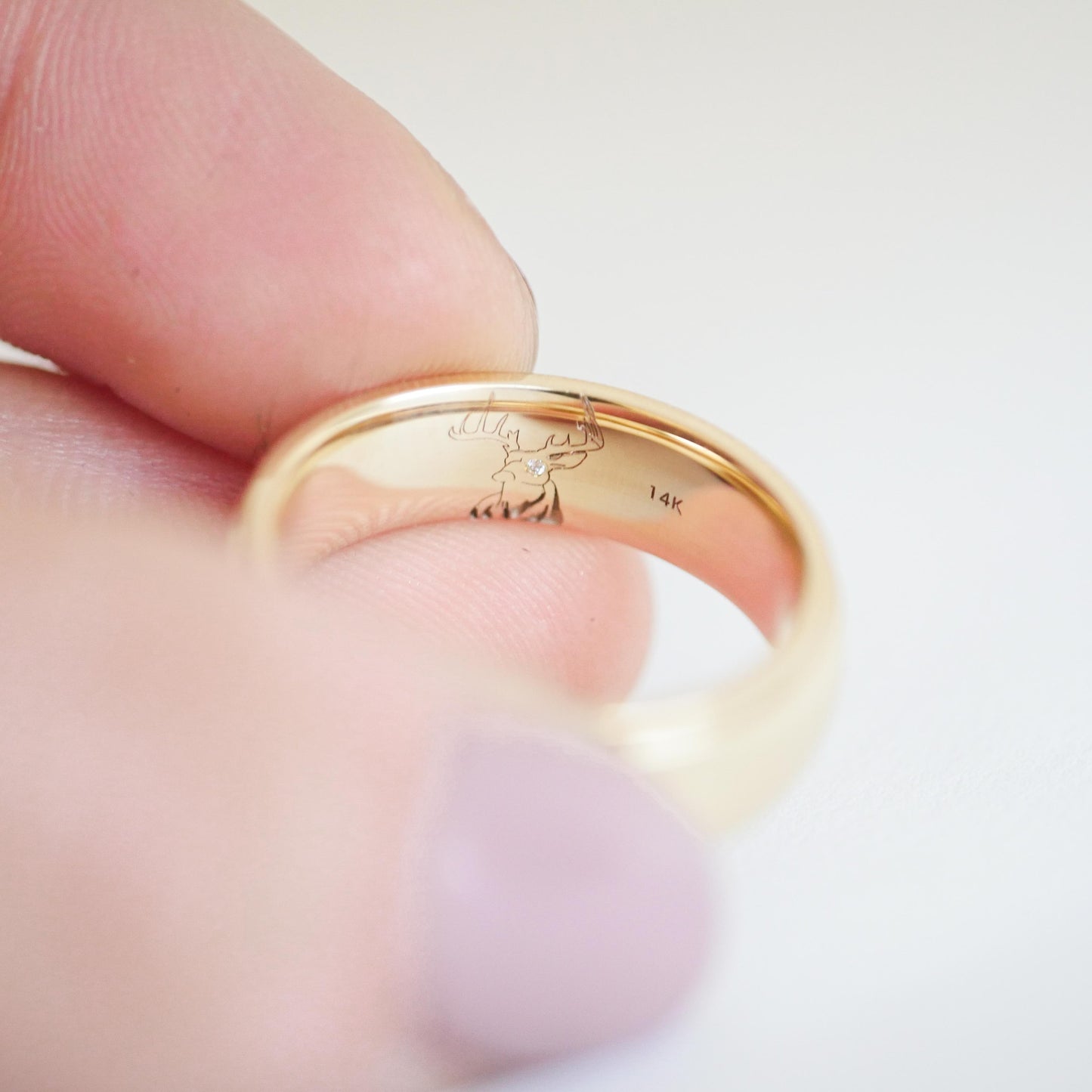 Stag Head with Diamond Eye Engraved Mens Wedding Band