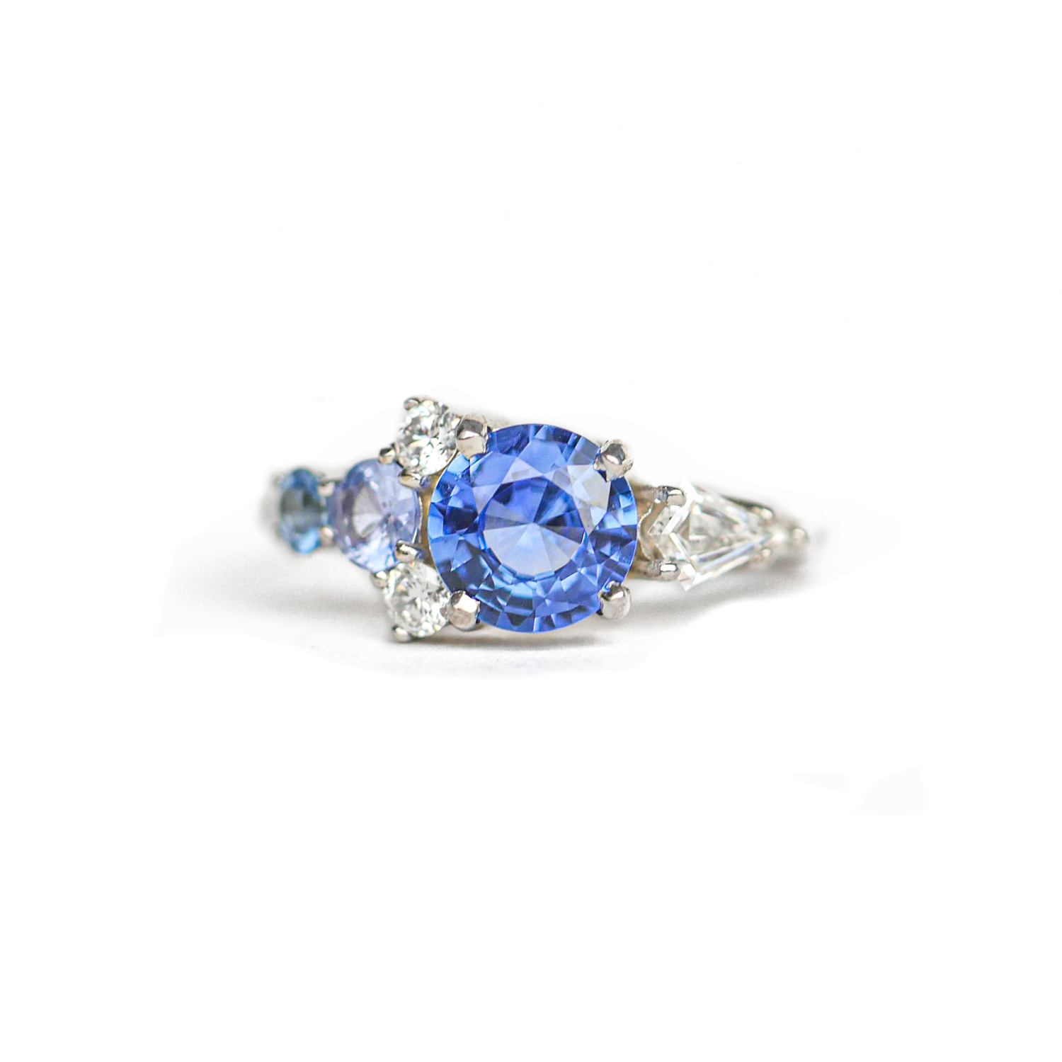 Round Blue Sapphire & Diamond Cluster Mosaic Engagement Ring