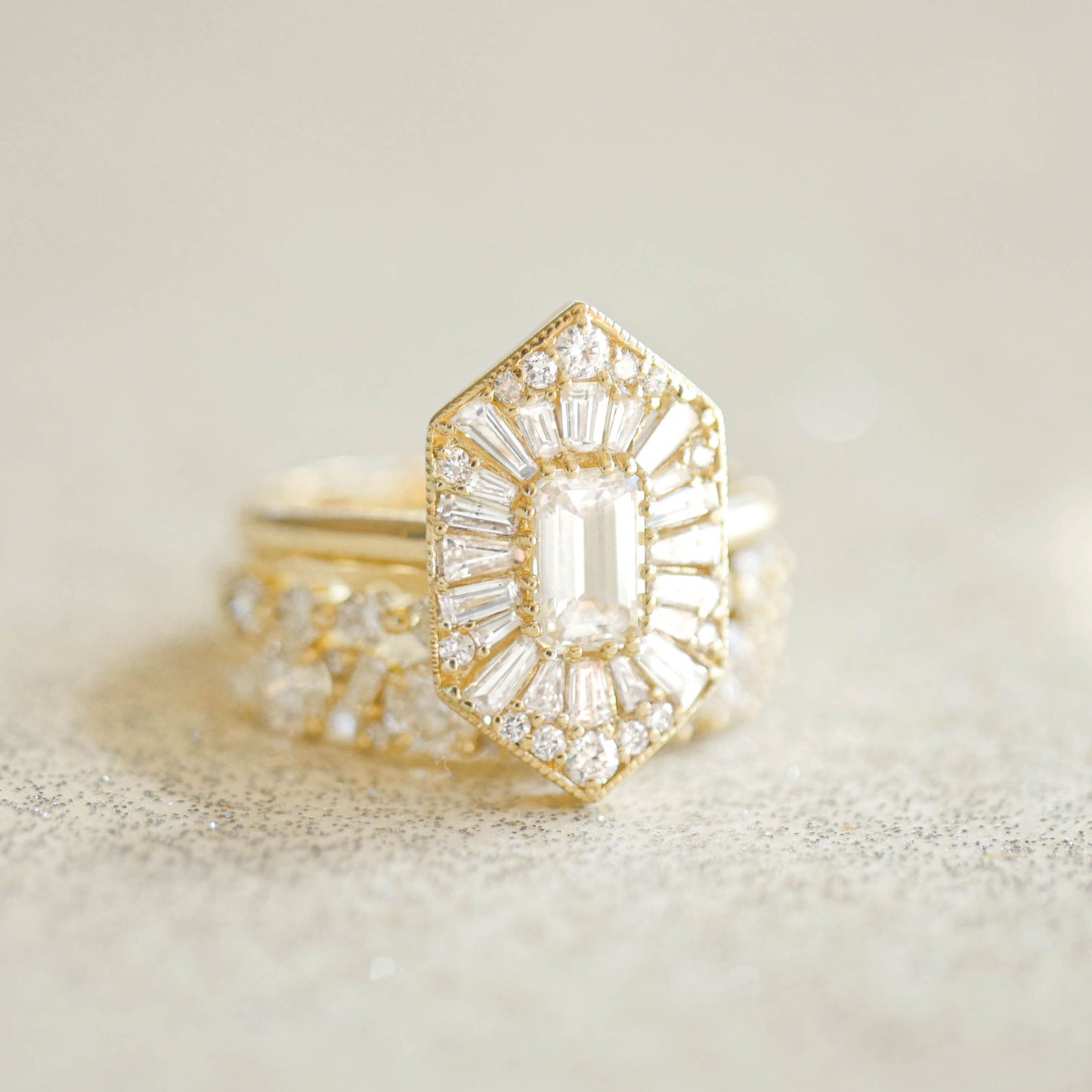 Elongated Hexagon Emerald Ballerina Diamond Mosaic Ring