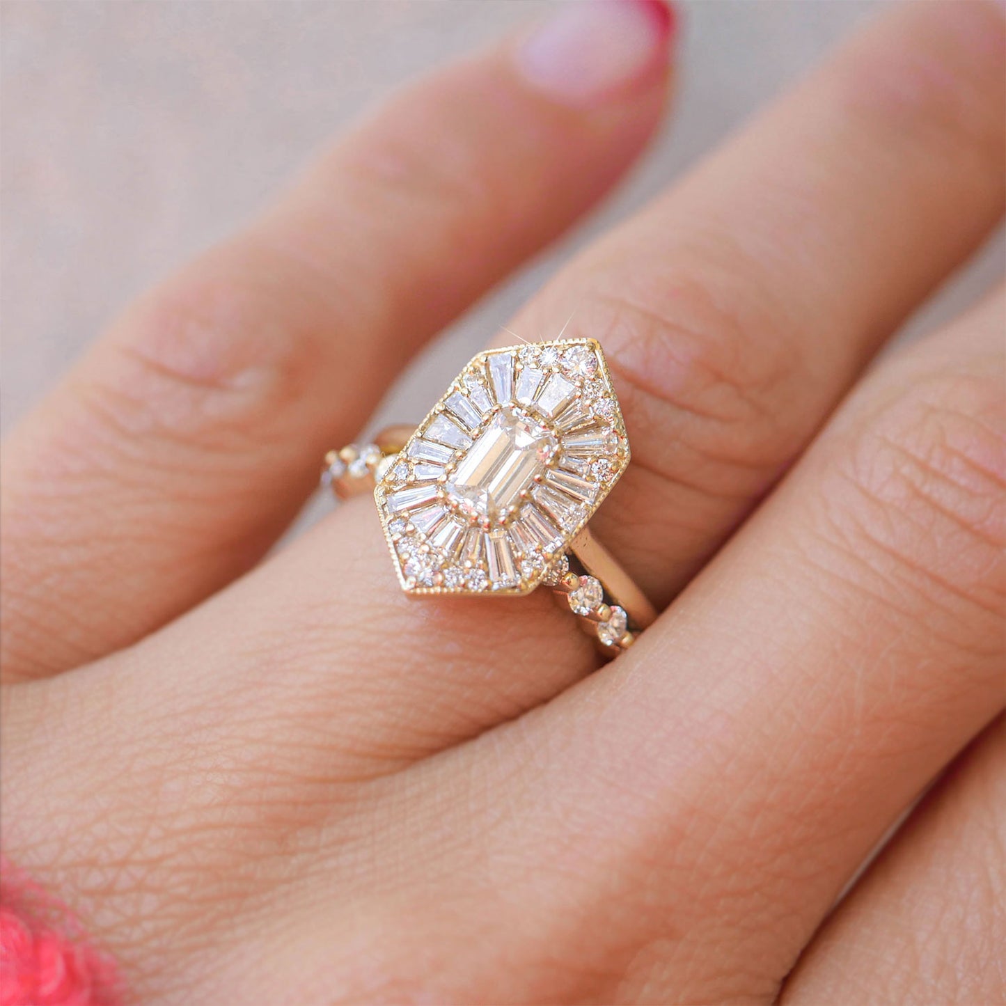 Elongated Hexagon Emerald Ballerina Diamond Mosaic Ring