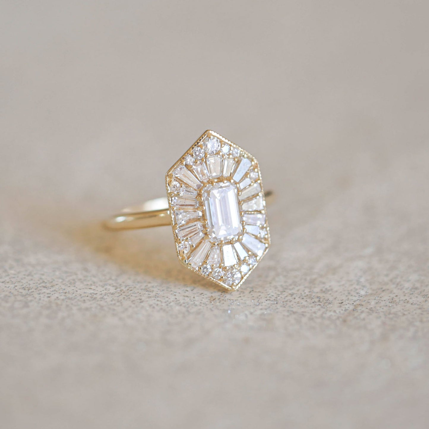 Elongated Hexagon Emerald Ballerina Diamond Mosaic Ring