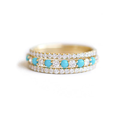 2mm Turquoise & Diamond Shared Prong Stacking Ring Set