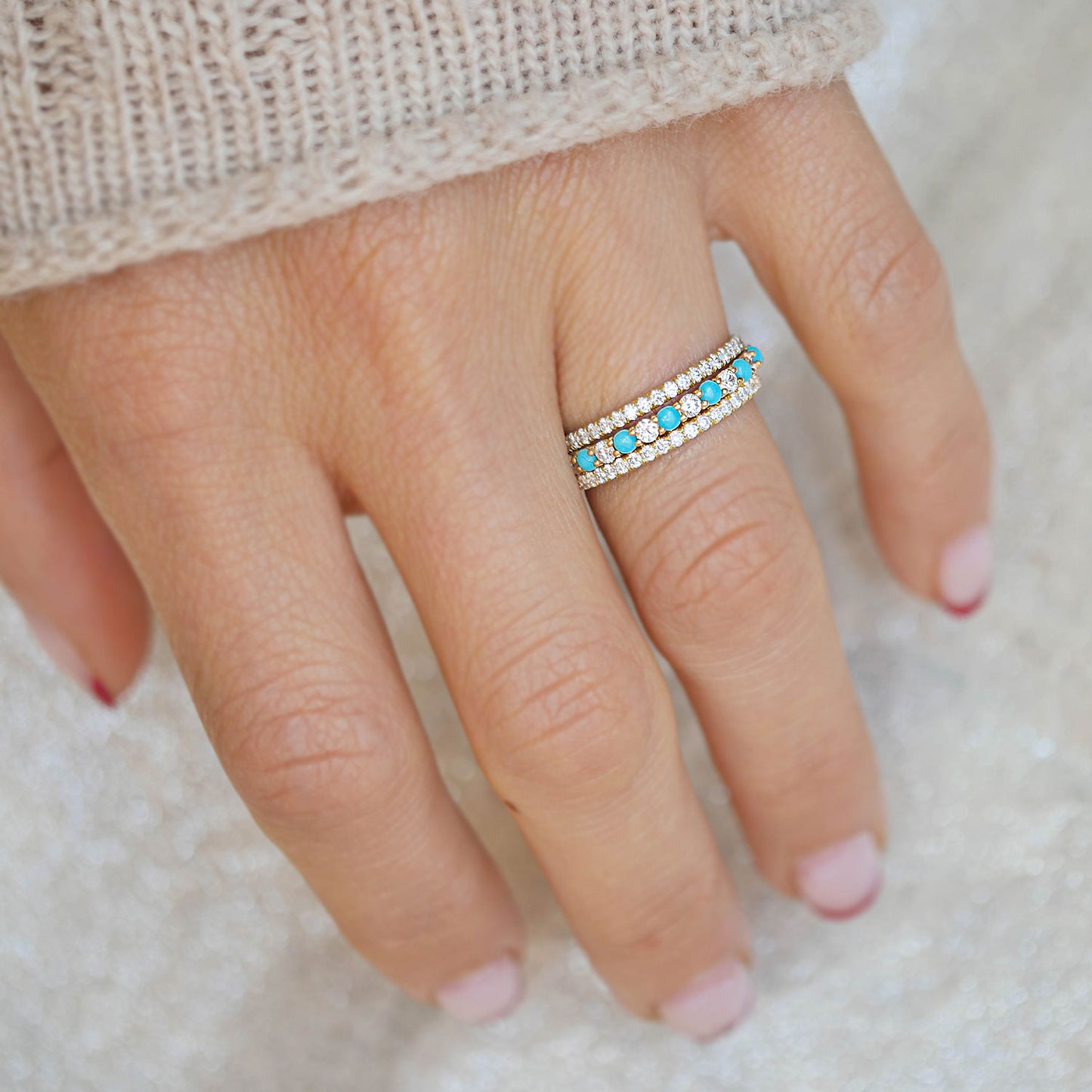 2mm Turquoise & Diamond Shared Prong Stacking Ring Set