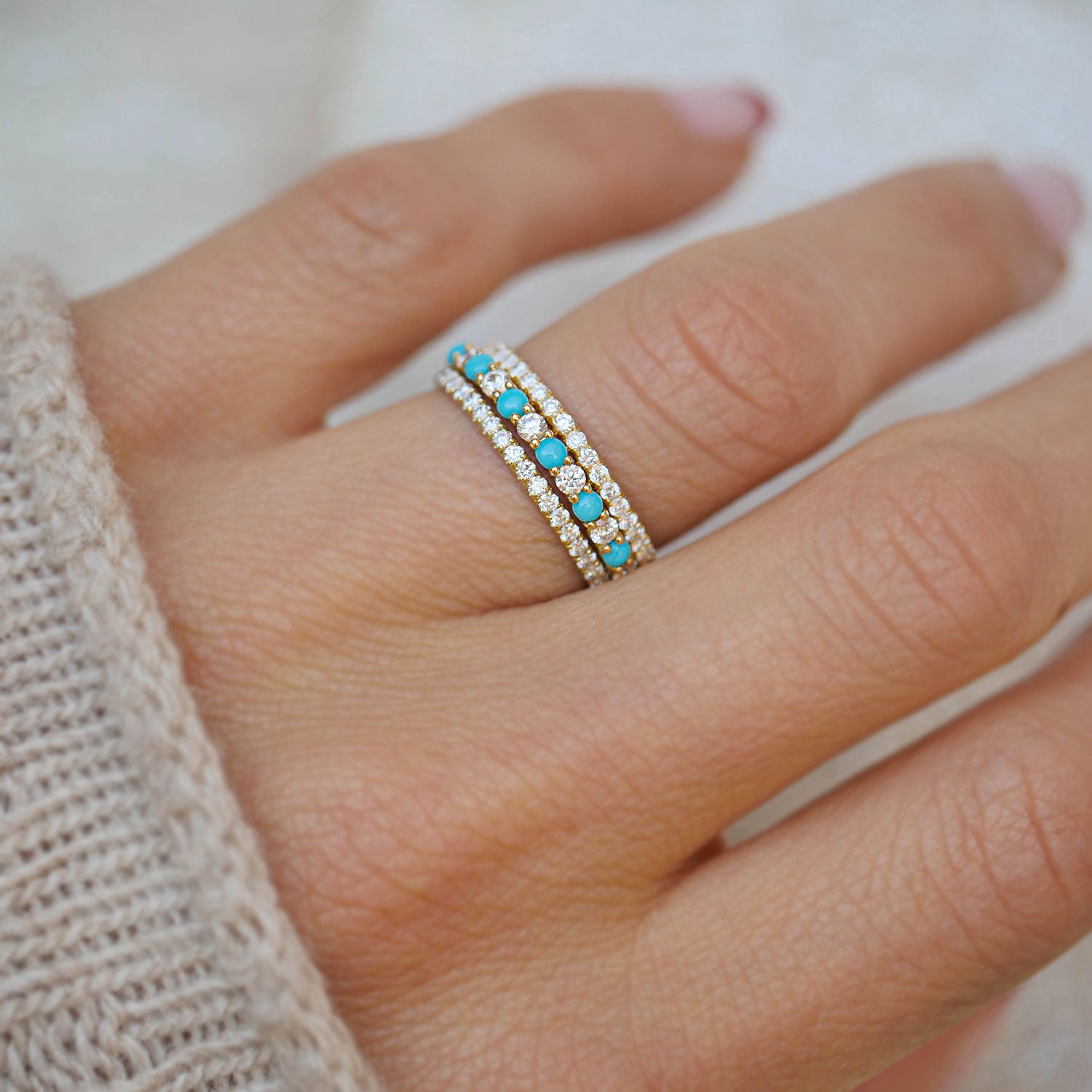 2mm Turquoise & Diamond Shared Prong Stacking Ring Set