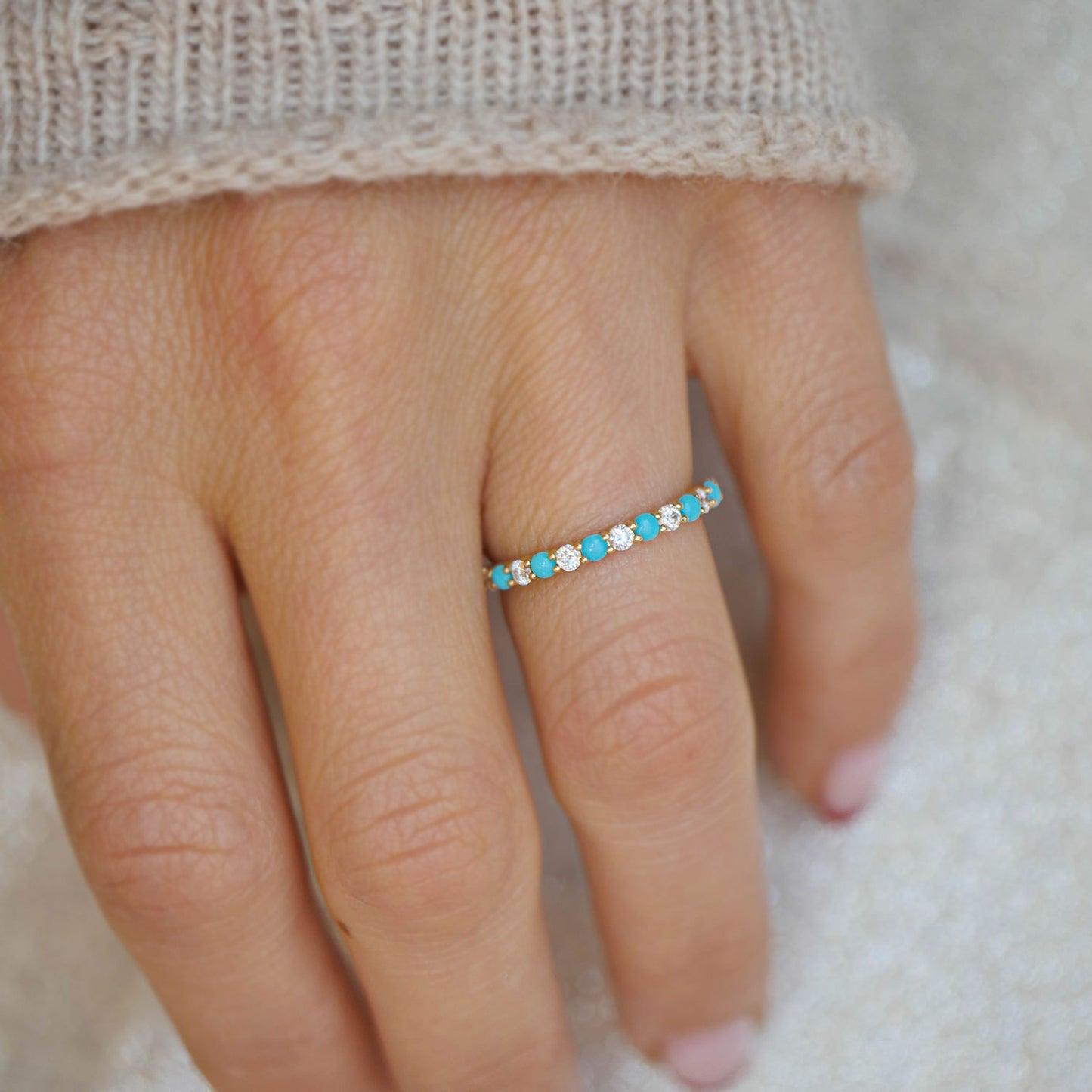Turquoise & Diamond 2mm Shared Prong Band