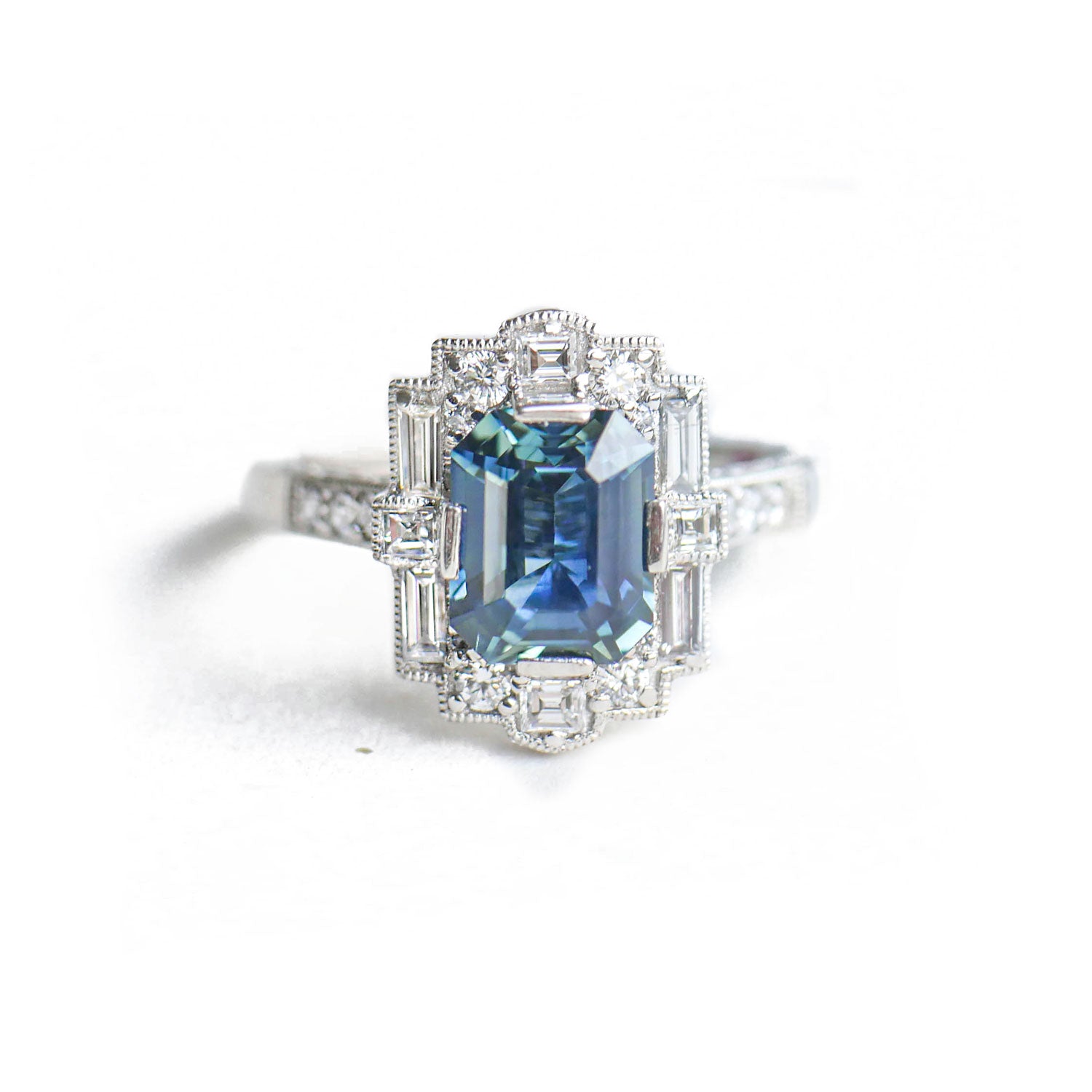 Emerald Cut Teal Sapphire Deco Halo Engagement Ring