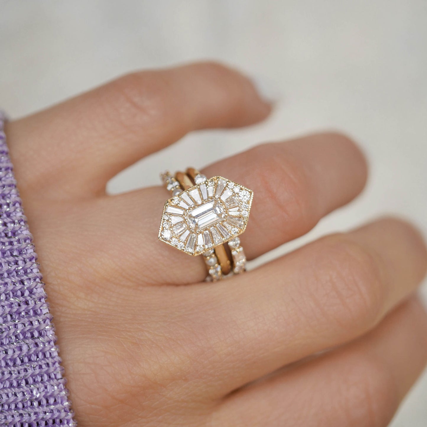 Elongated Hexagon Emerald Ballerina Diamond Mosaic Ring