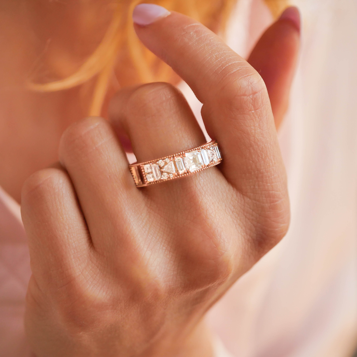 Asscher Cut Geometric Wide Diamond Mosaic Ring