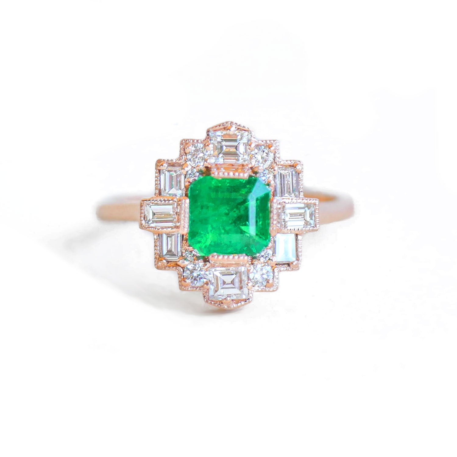 Custom Deco Asscher Diamond Mosaic Ring with Emerald