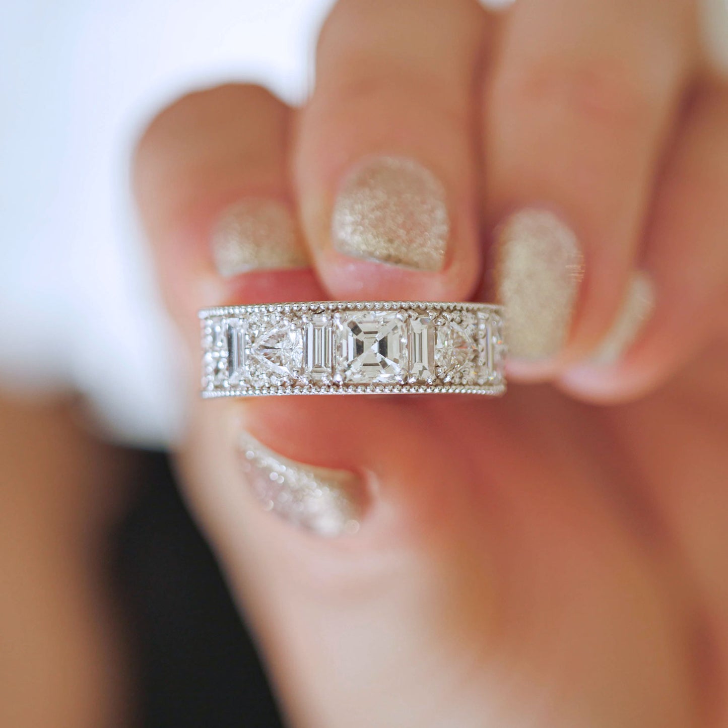 Asscher Cut Geometric Wide Diamond Mosaic Ring