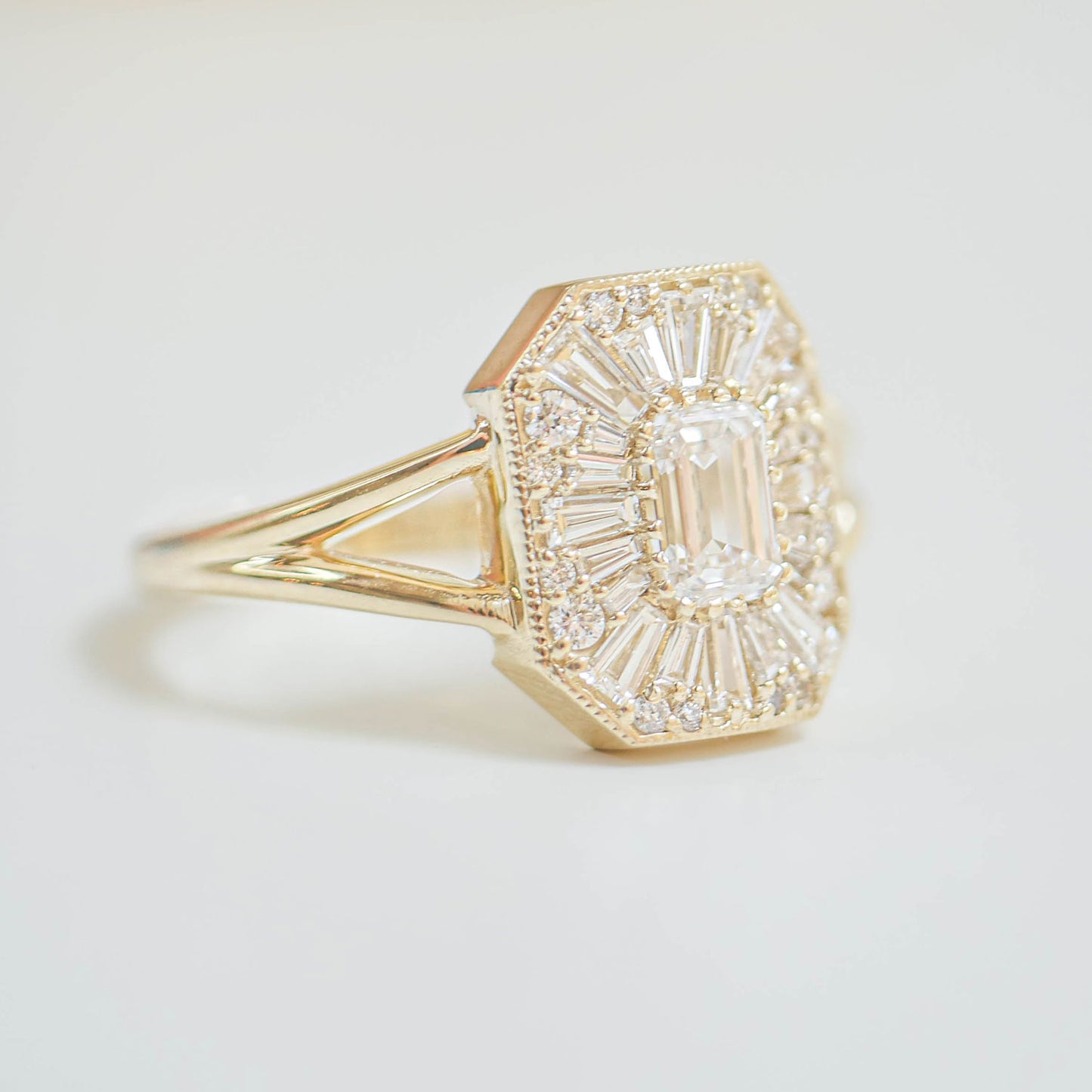 Split Shank Emerald Ballerina Diamond Mosaic Ring