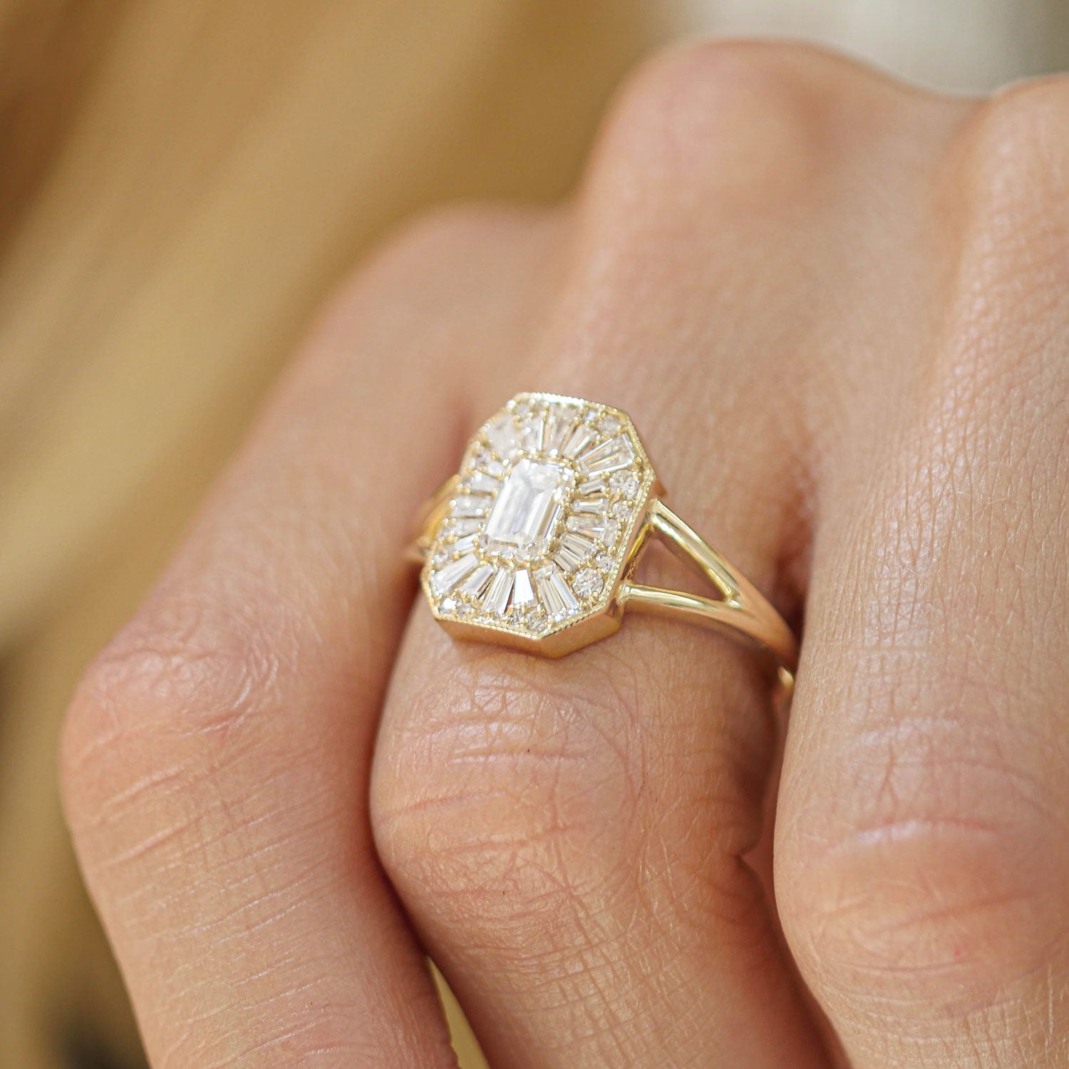 Split Shank Emerald Ballerina Diamond Mosaic Ring