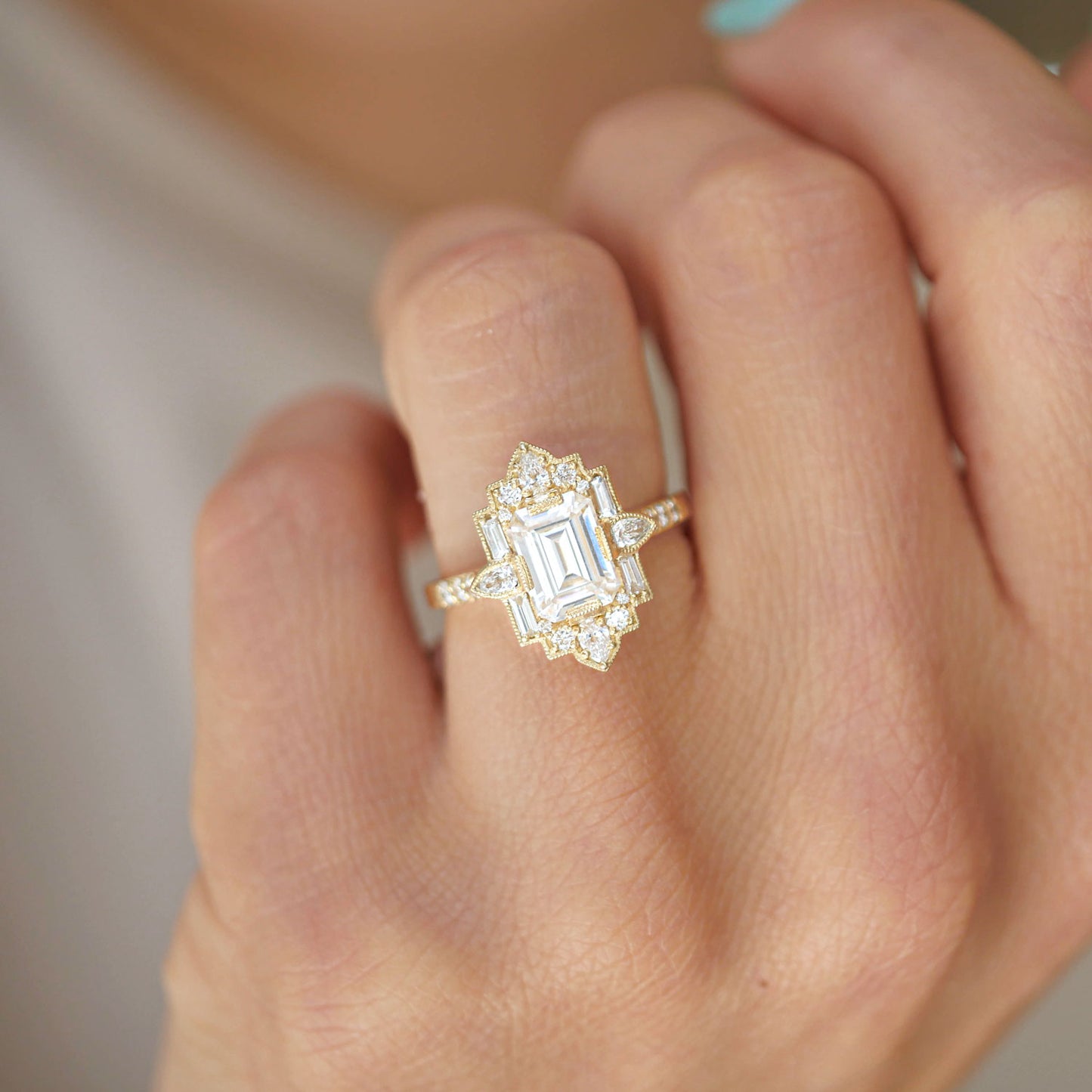 Deco Emerald & Pear Moissanite Mosaic Ring