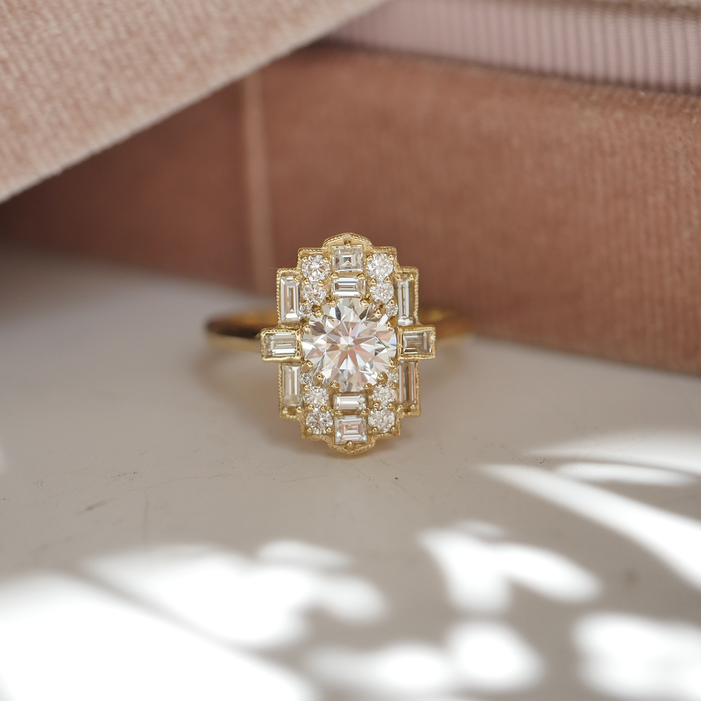 Deco Halo Baguette & Round Diamond Mosaic Ring 1.00 ctw center