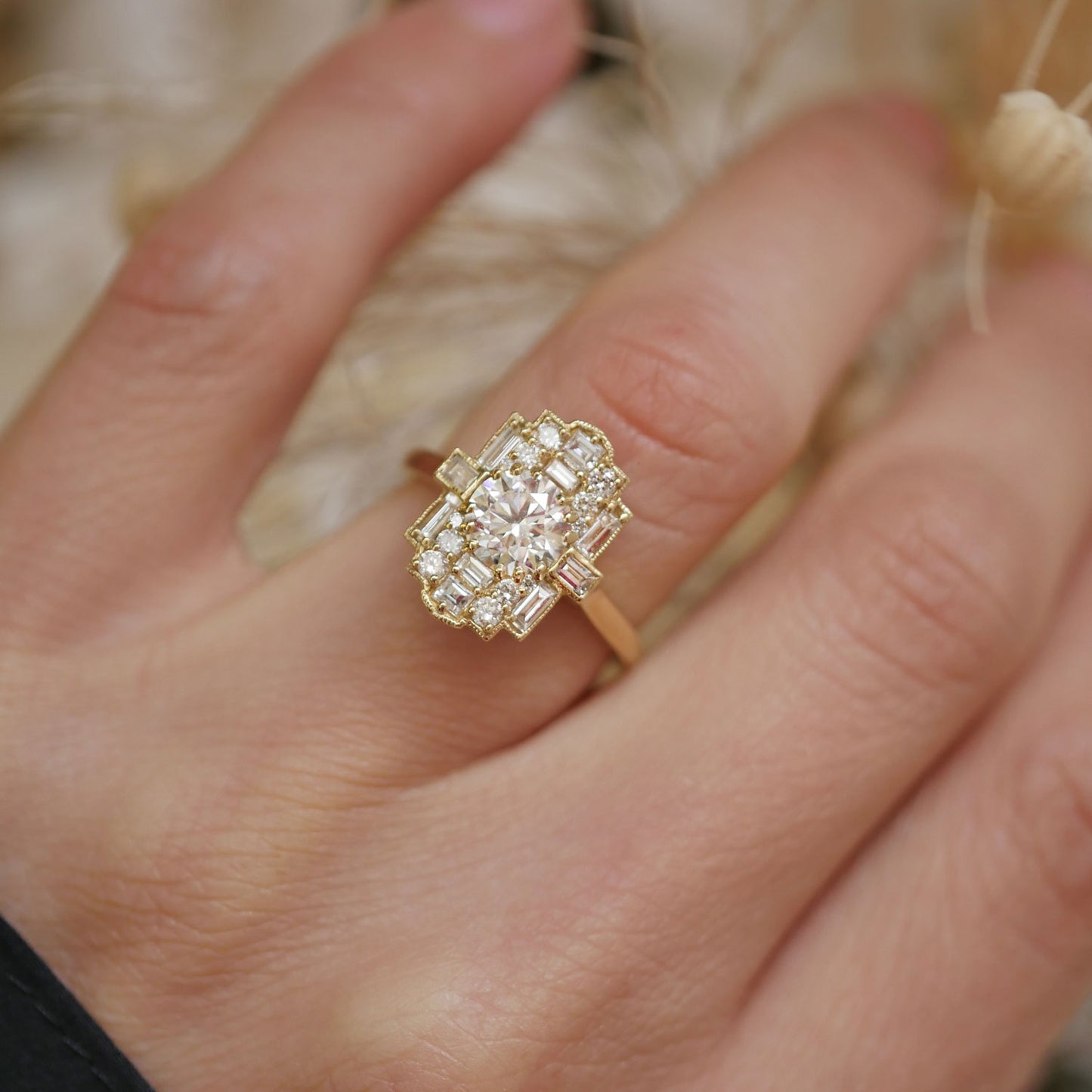 Deco Halo Baguette & Round Diamond Mosaic Ring 1.00 ctw center