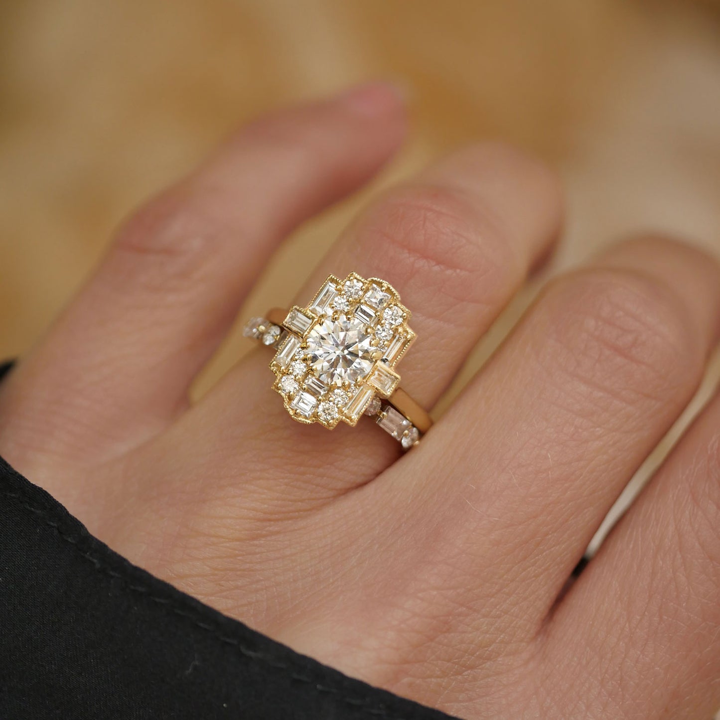 Deco Halo Baguette & Round Diamond Mosaic Ring 1.00 ctw center