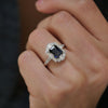 Dark Blue Emerald Cut Sapphire Deco Halo Engagement Ring
