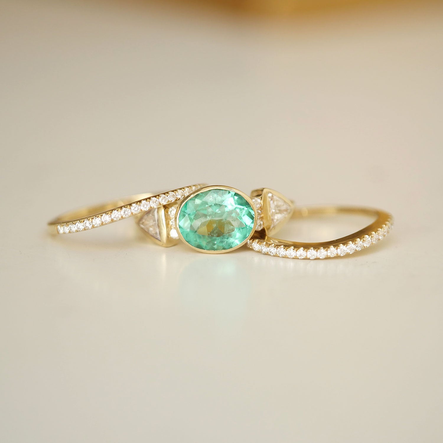Oval Emerald & Trillion Diamond Stacking Ring Set