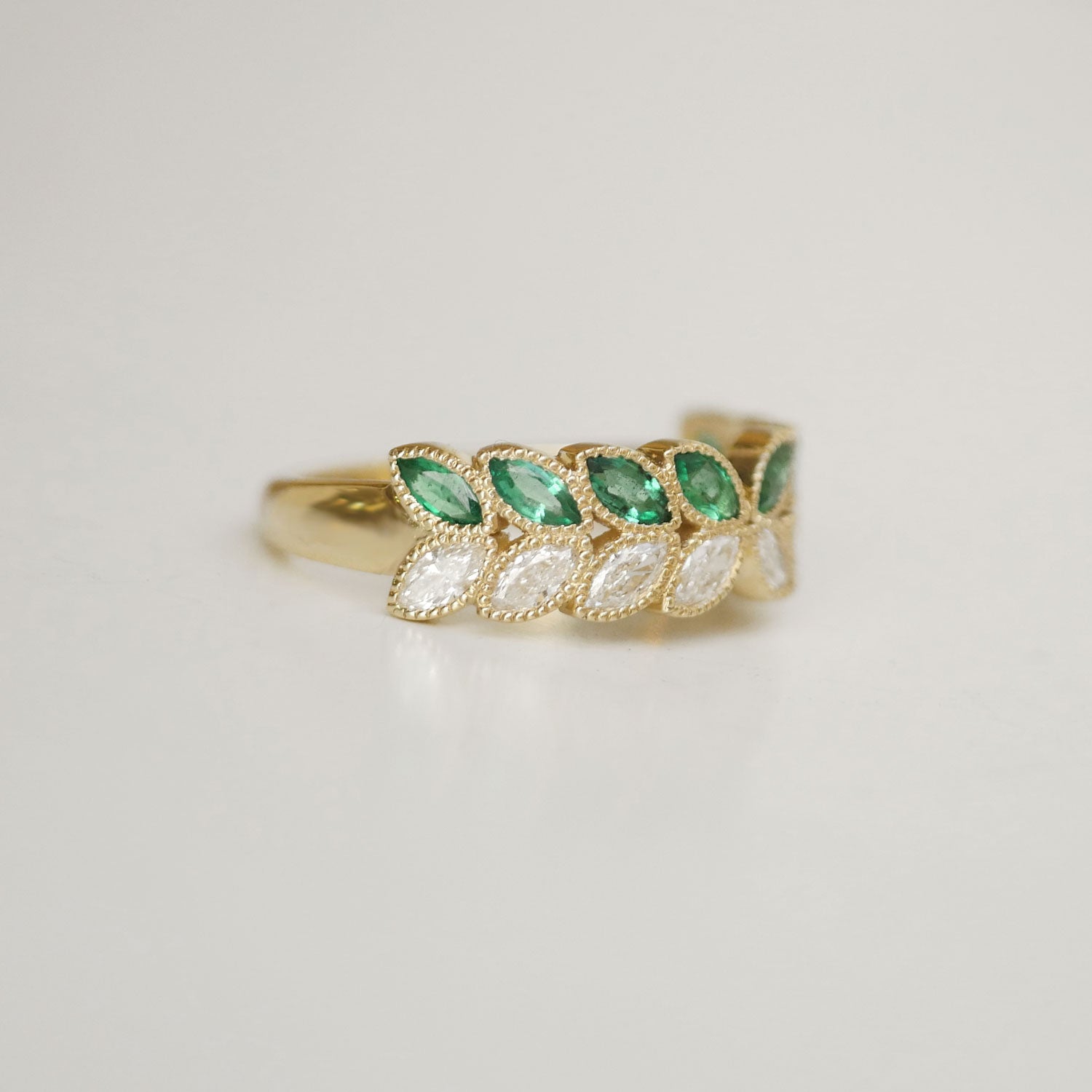 Marquise Emerald & Diamond Falling Leaf Band Ring