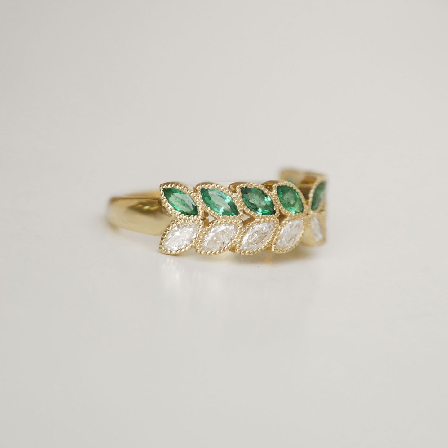 Marquise Emerald & Diamond Falling Leaf Band Ring