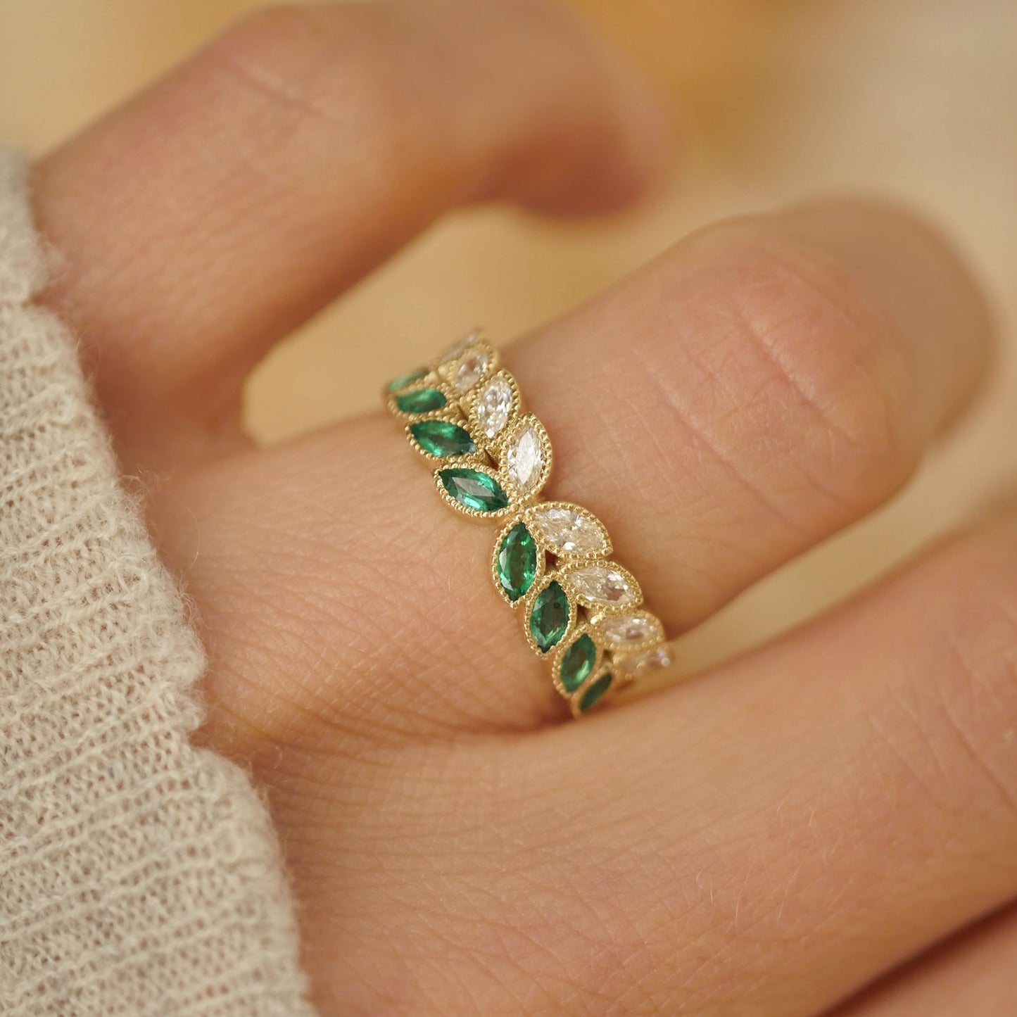 Marquise Emerald & Diamond Falling Leaf Band Ring