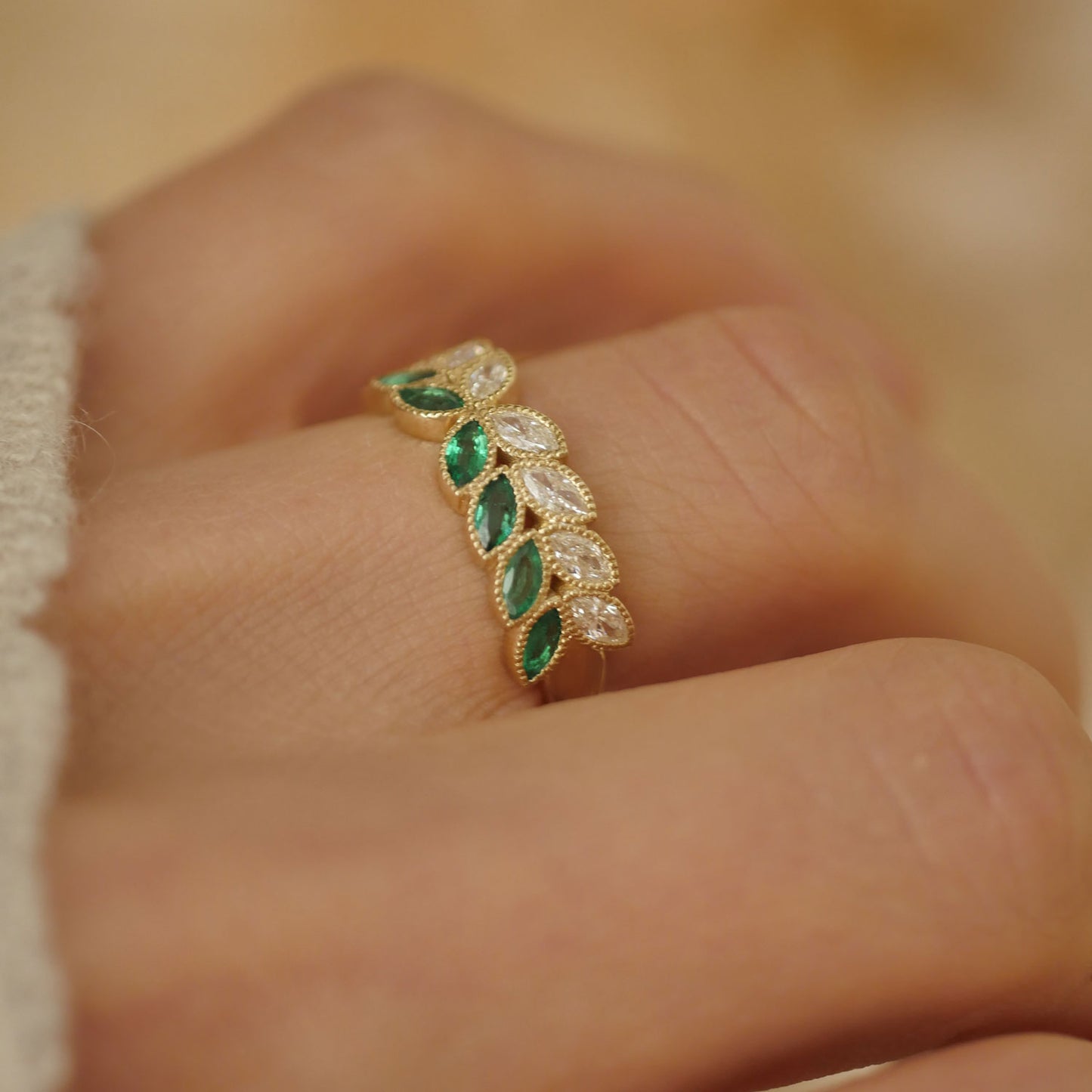 Marquise Emerald & Diamond Falling Leaf Band Ring