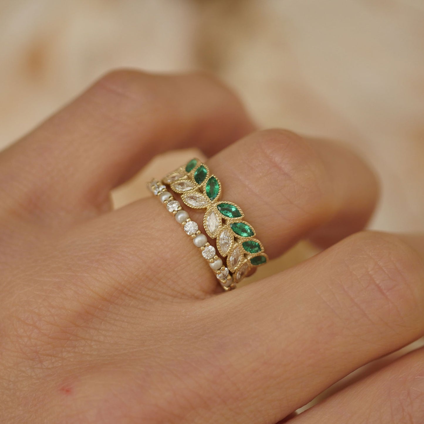 Marquise Emerald & Diamond Falling Leaf Band Ring
