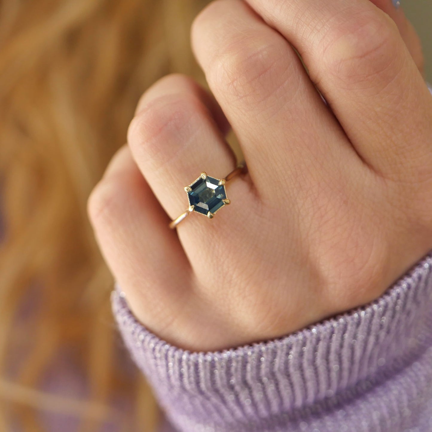 Hexagon Solitaire Teal Sapphire Ring