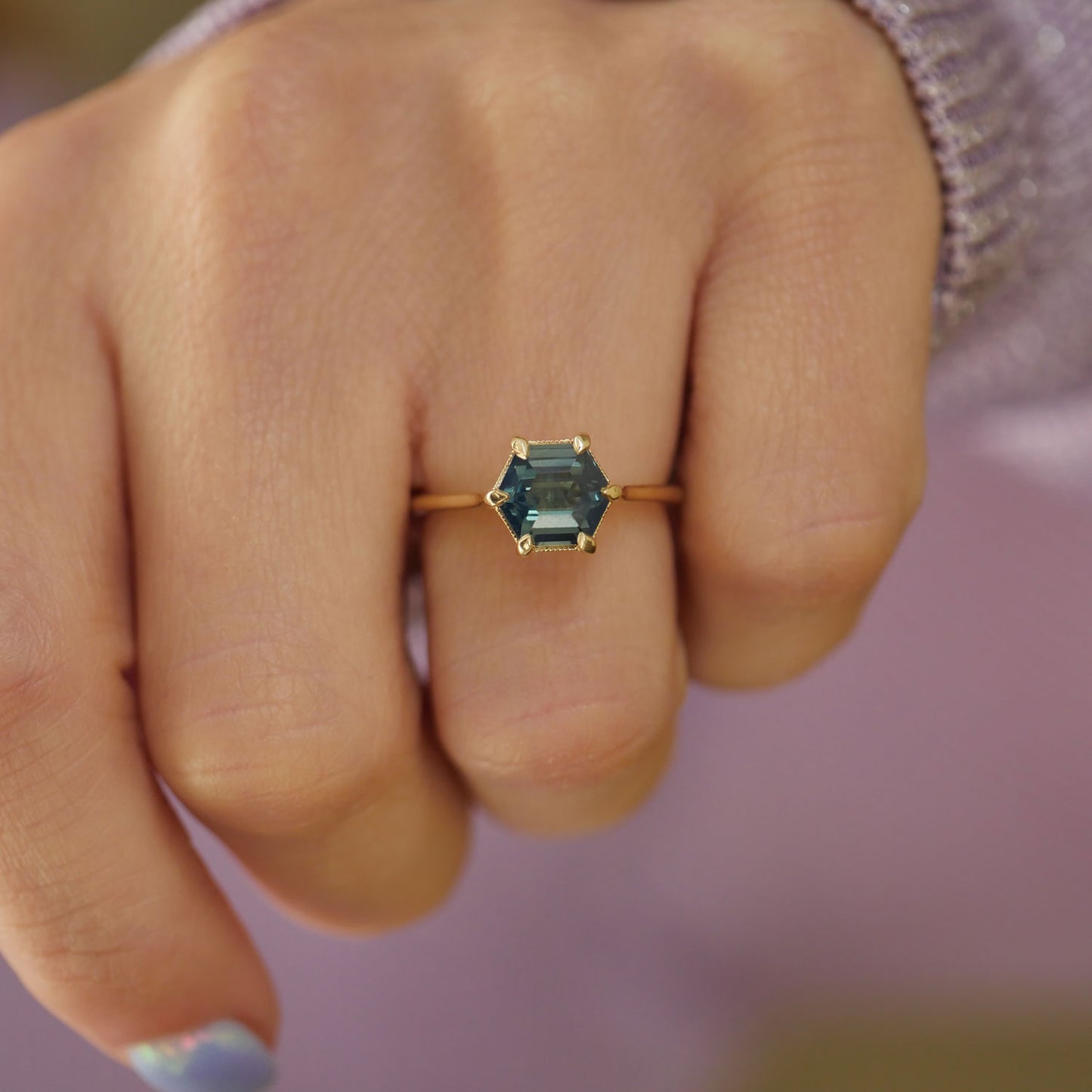 Hexagon Solitaire Teal Sapphire Ring