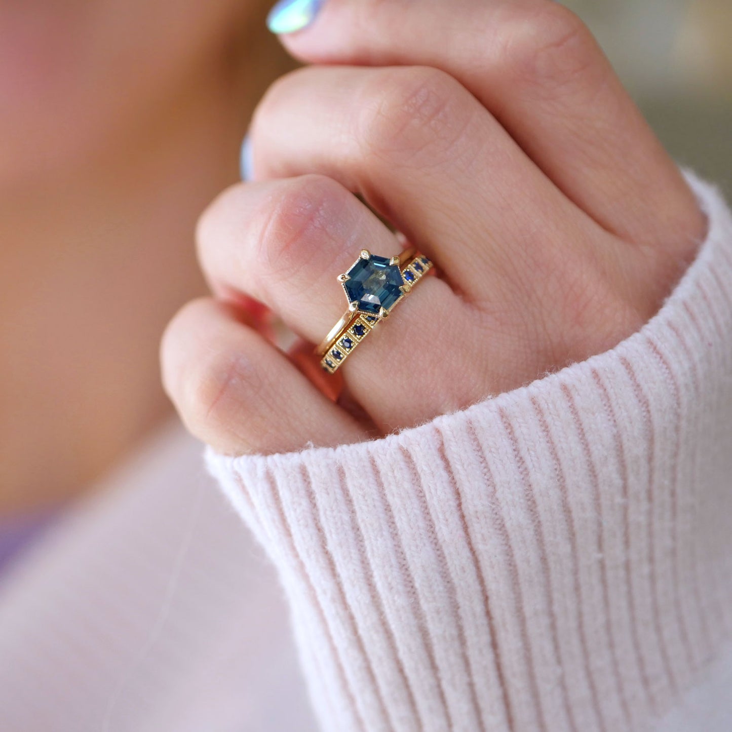 Hexagon Solitaire Teal Sapphire Ring