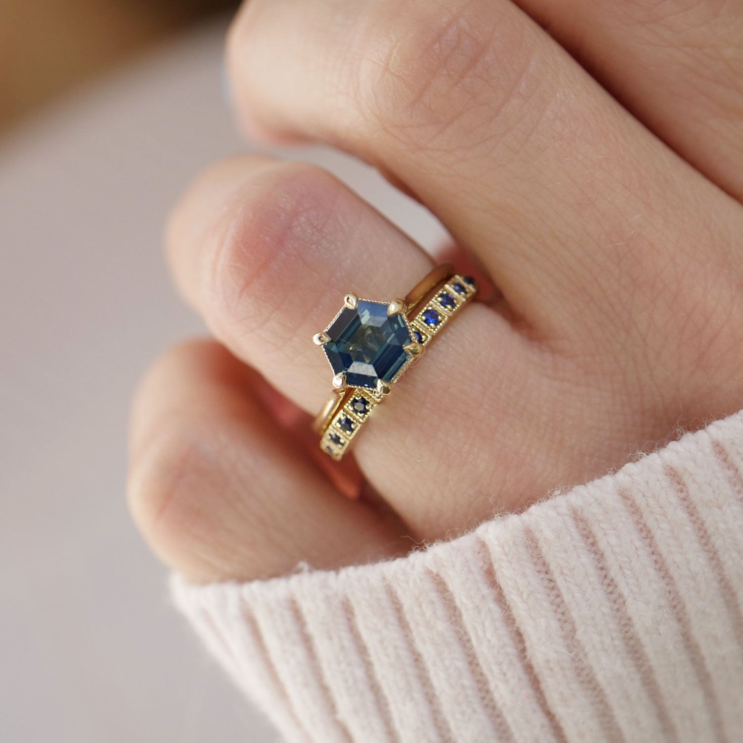 Hexagon Solitaire Teal Sapphire Ring