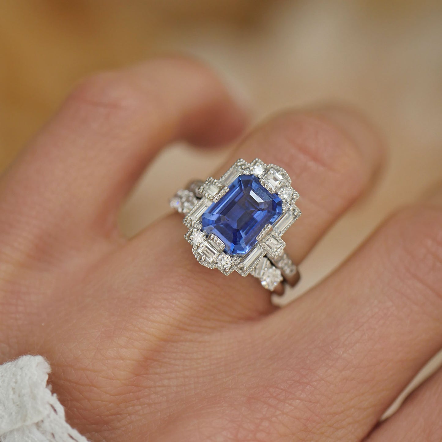 Platinum Ceylon Blue Sapphire Deco Emerald Cut Diamond Ring