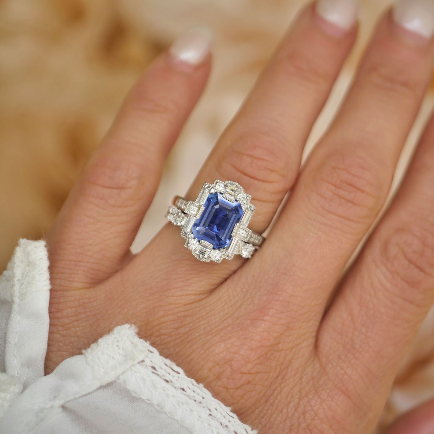 Platinum Ceylon Blue Sapphire Deco Emerald Cut Diamond Ring