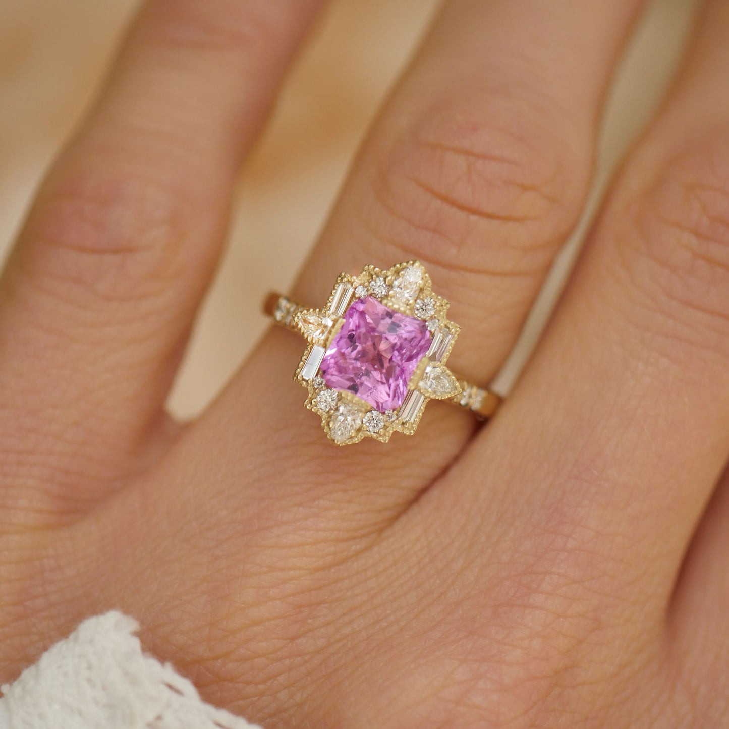 Radiant Pink Sapphire Deco Pear & Emerald Ring