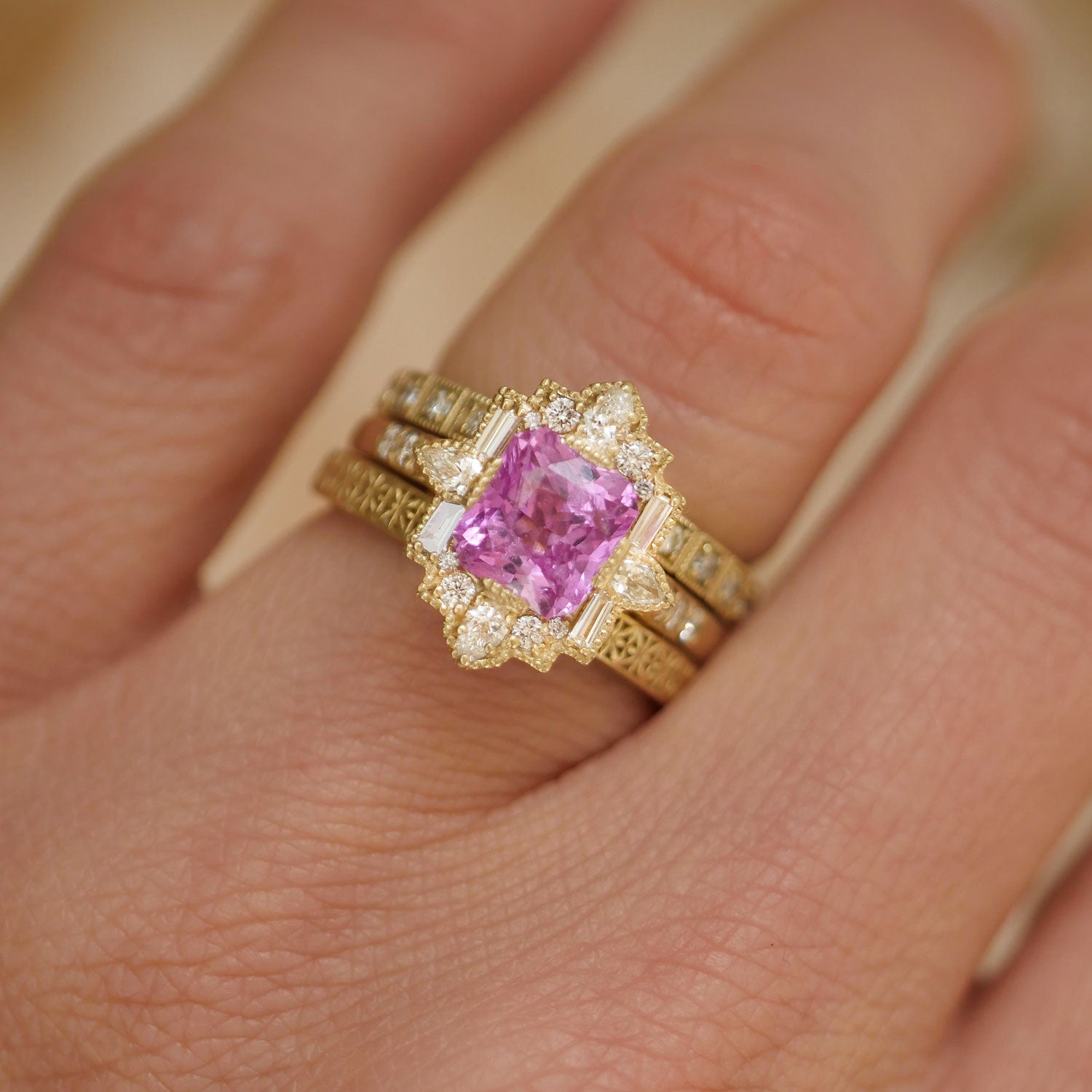 Radiant Pink Sapphire Deco Pear & Emerald Ring
