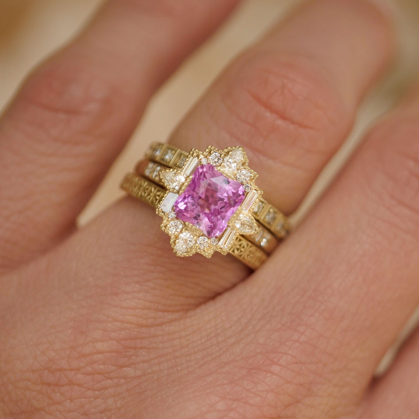 Radiant Pink Sapphire Deco Pear & Emerald Ring